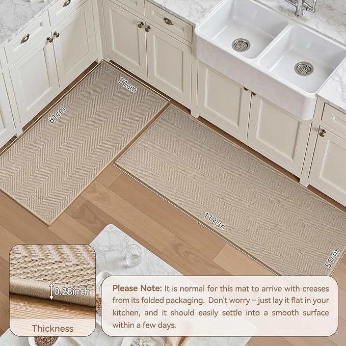 AMOAMI Kitchen Rugs and Mats, Non Slip Washable Kitchen Mats for Floor, Absorbent Quick Dry Kitchen Runner for in Front of Sink，Kitchen Rugs Sets of 2, 20"*32"+20"*47", Beige