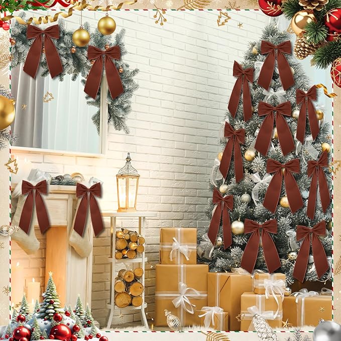 Riceshoot 6 Pcs 10 x 16 Inch Large Bows Valentine's Day Tree Decorations Velvet Ribbon Tree Topper Velvet Wreath Bows with Wired Edge for Valentines Home Fireplace Indoor Outdoor Decor (Brown)