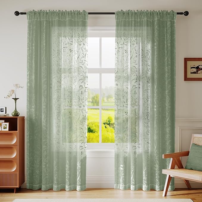 Anmao Sage Green Semi Sheer Light Filtering Curtains 84 Inches Long 2 Panels, Leaf Pattern Drapes for Living Room Bedroom, Rod Pocket Sheer Window Treatments with Floral Design, 52x84 Inch