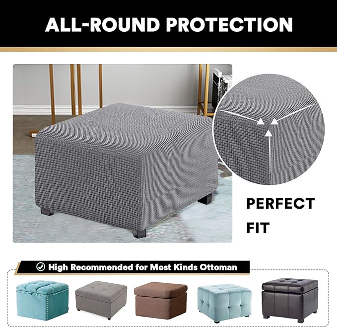 PrinceDeco Stretch Ottoman Cover Ottoman Slipcovers Square for Living Room Foot Stool Stretch Covers to Fit Ottoman Foot Rest, Thick Checked Jacquard Fabric with Elastic Bottom (Medium Size, Grey)