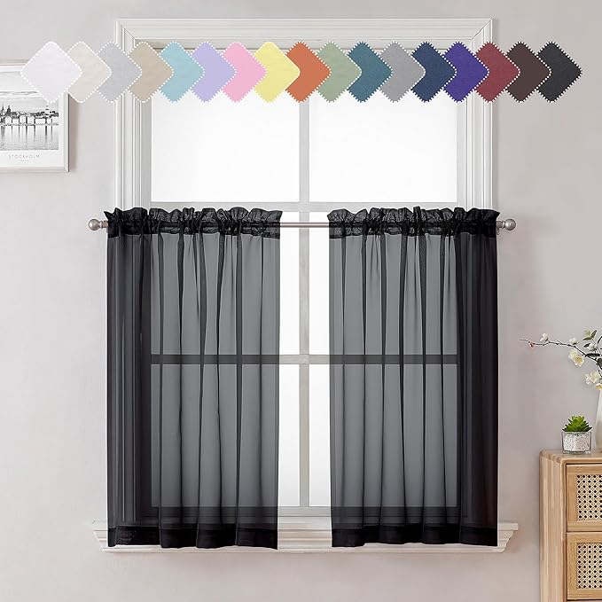 Lecloud 36 Inch Black Curtains Sheer Tiers for Kitchen Set of 2 Pieces, Dual Rod Pocket Window Small Curtain for Bedroom, Elegant Living Room Bathroom Cafe Cupboard Gauzy Tiers, 40W x 36L Inch