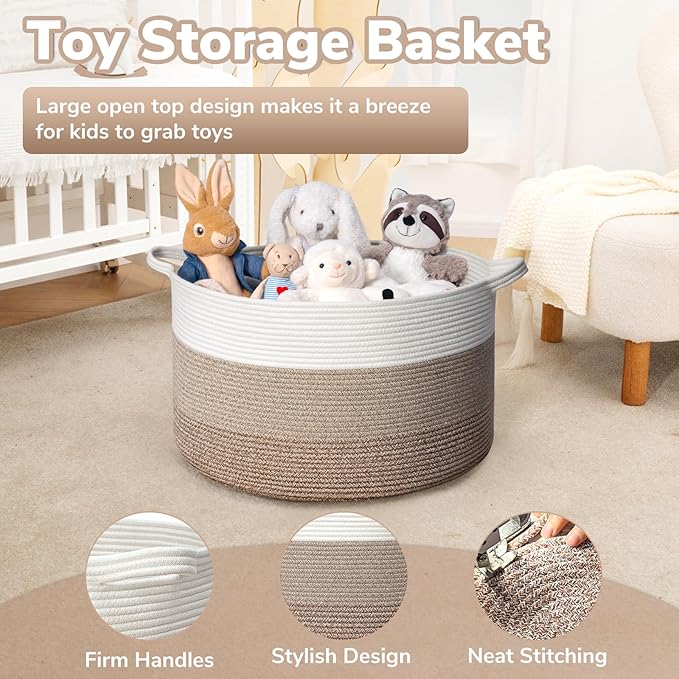 Goodpick Large Laundry Basket, Woven Rope Storage Basket for Blanket, Toy Bin for Baby Room, Nursery, Bedroom, Toys, 21.7'' x 13.8'', Light & Brown