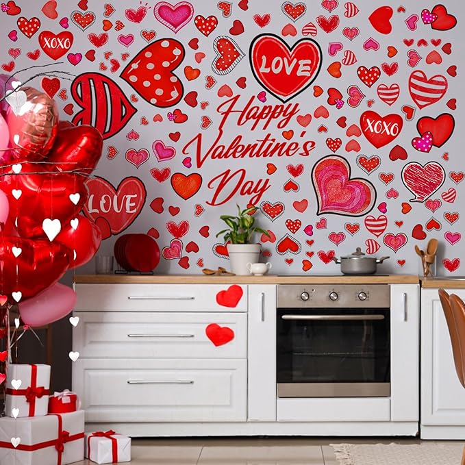 Eersida 214 Pcs Valentine‘s Day Wall Decals Removable Love Heart Wall Stickers Red Heart Window Stickers Wedding Anniversary Romantic Love Decoration for Holiday Kitchen Living Room Home Decor