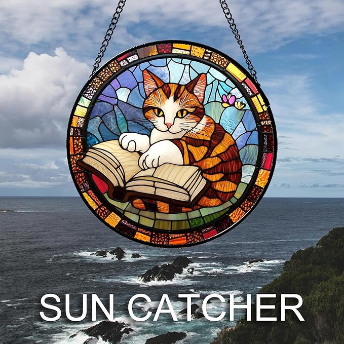 Stained Glass Window Hanging Little Cat Reading Large 11.8" - Suncatcher Door Garden Kitchen Sunroom Sun Catcher Home Decor Birthday for Lost Pets Mom Grandma Men Woman Friend