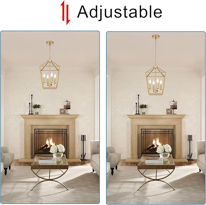 MELUCEE 4-Light Gold Farmhouse Chandelier Iron Lantern Pendant Light Rustic Cage Hanging Light Fixtures Industrial Foyer Lights for Kitchen Island Dining Room Hallway Foyer Entryway, E12 Base