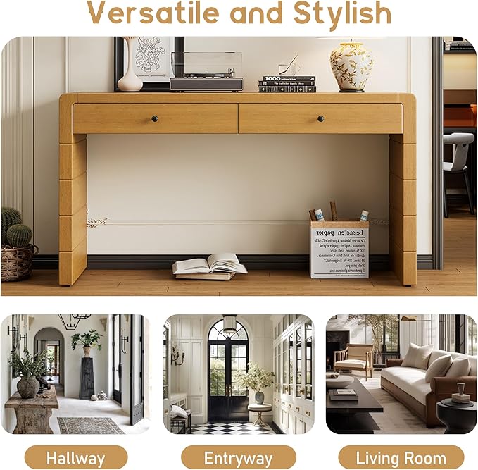 Unique Curved Console Table with 2 Top Drawers, Versatile 55'' Long Accent Entryway Table Sofa Table for Entrance, Hallway, Dinning Room, Living Room (Natural-2.25)