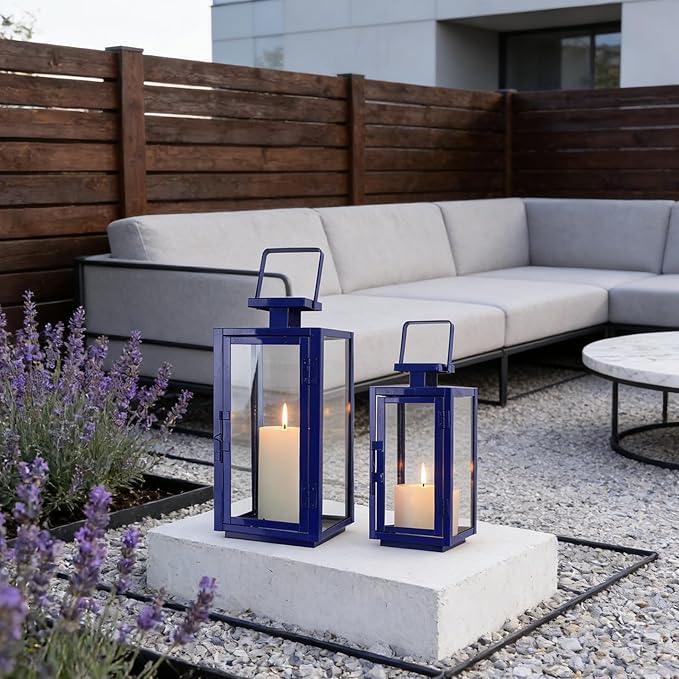 DECORKEY Christmas Lanterns Decorative Outdoor&Indoor, 17''&13'' Set of 2 Xmas Blue Lanterns Decorations for Home, Modern Hanging/Tabletop Candle Holders for Christmas Front Door Porch Patio Decor