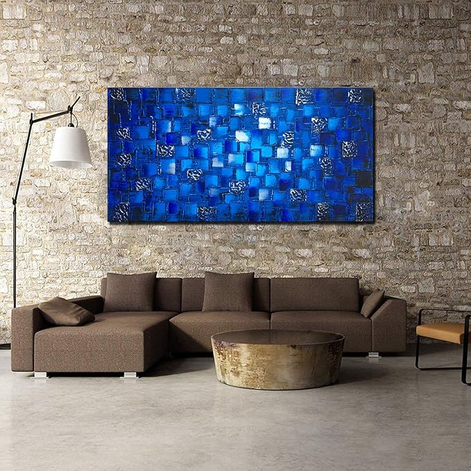 MyArton Thick Textured Abstract Squares Canvas Wall Art Hand Painted Artwork Modern Dark Blue add Silver Oil Painting for Home Decor Framed Ready to Hang 48x24inch