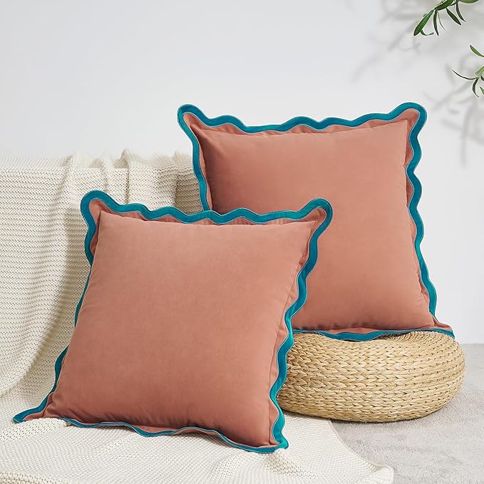 MONDAY MOOSE Decorative Throw Pillow Covers Cushion Cases, Set of 2 Soft Velvet Scalloped Wavy Edge Designs, Mix and Match for Home Decor, Pillow Inserts Not Included (20x20 inch, Teal/Pink)