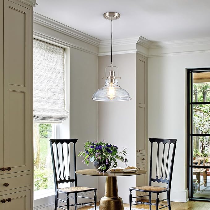 Modern Glass Pendant Light，Farmhouse Industrial Light Fixture with Adjustable Cord, Seeded Glass Shade, Hanging Lights for Kitchen Island,Hallway, Dinning Room