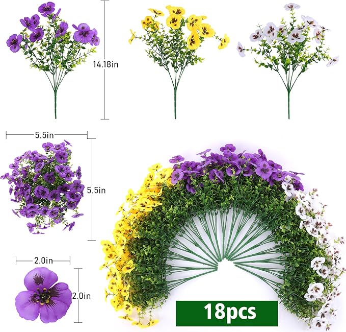 Artificial Fake Pansy Flowers for Outdoor, Faux Silk Pansies Spring Flowers for Outside for Planter Front Door Porch Yard Patio Window Box Home Decor (18, Purple, Yellow, White)