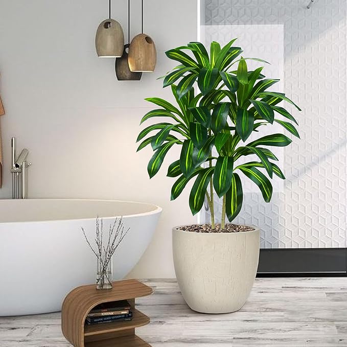 Artificial Dracaena Plant 4FT Tall - Fake Tree with White Planter - Faux Yucca Tall Fake Floor Plant in Pot - Artificial Trees for Home Bedroom Office Indoor Living Room Decoration