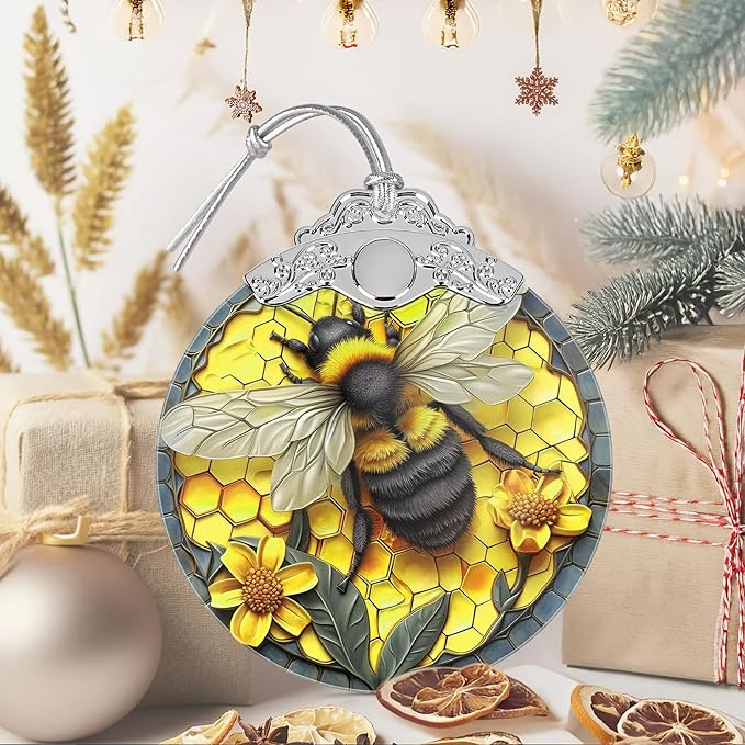 3" Stained Glass Bee Ornament, Christmas Ornament, Christmas Ornaments for Tree, Heirloom Keepsake, Gift Exchange, Gift Idea, Bauble Present