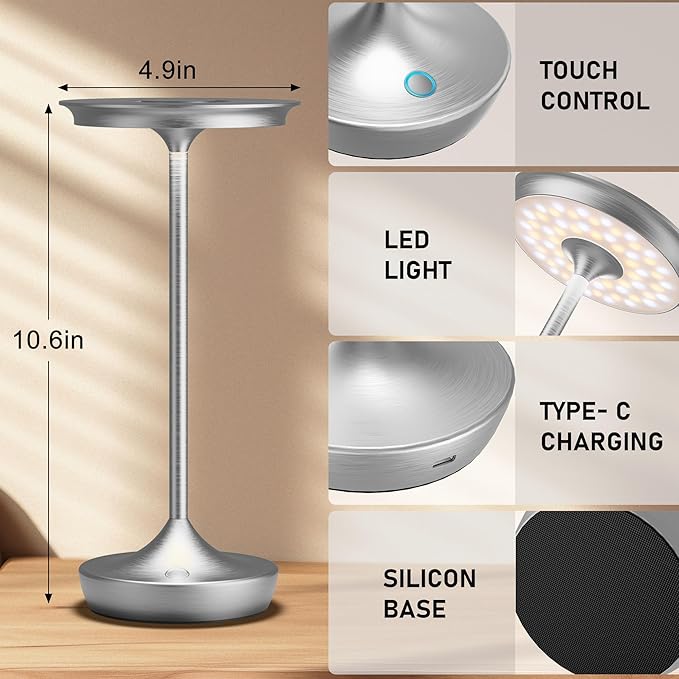 LED Cordless Table Lamps Rechargeable - Outdoor Battery Operated Portable Table Light 3 Color Stepless Dimming Tables Lamp with Memory Function for Patio Restaurant Dining 2 Pack Silver