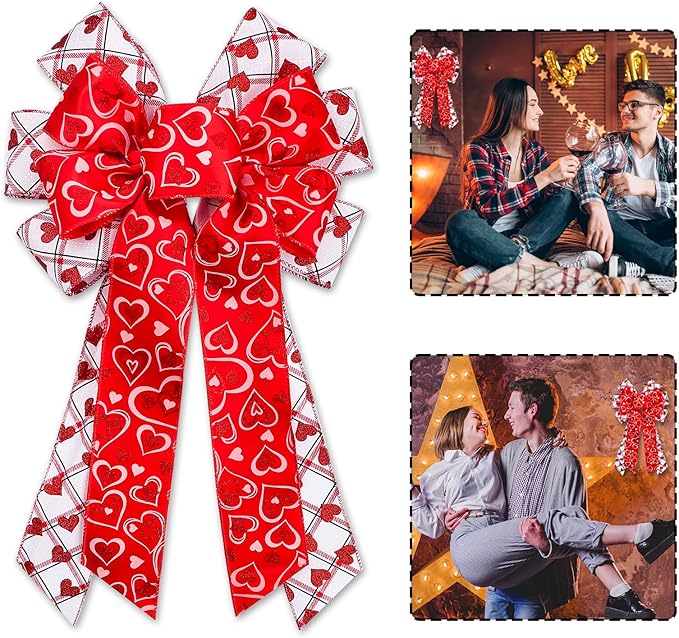 Large Wreath Bow, Large Red White Plaid Burlap Bow with Heart Decorations, 11.42"x20.87" Bow for Wreath Tree Topper Wedding Party Indoor Outdoor Romantic Home Decor