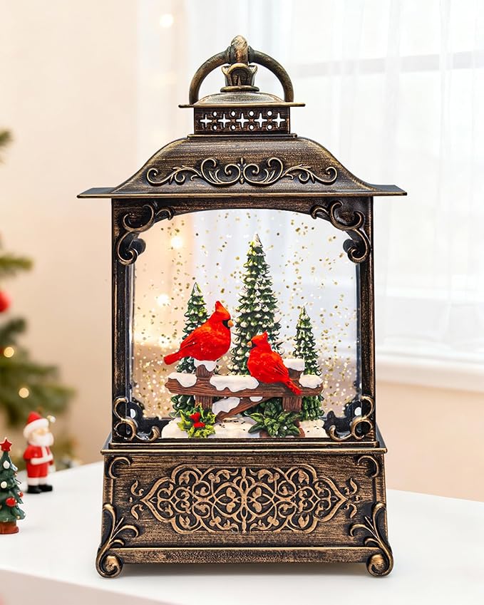 Christmas Cardinal Snow Globe Light up Lantern with 8 Songs, 10.43" Christmas Snow Globes for Kids Adults, 6H Timer & Dual Power, Snowglobes Christmas Decorations Indoor, Gifts for Women Men