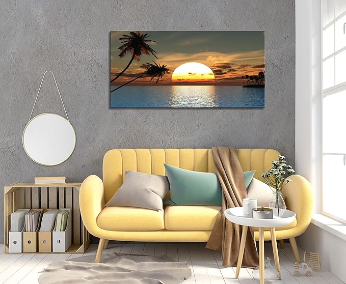 DZL Art S75675 Sunset Coconut Palm Trees Canvas Wall Art Palm Trees on the small island Tropical Scenery Nature Canvas prints Pictures for Living Room Home Office Wall Decor Artwork