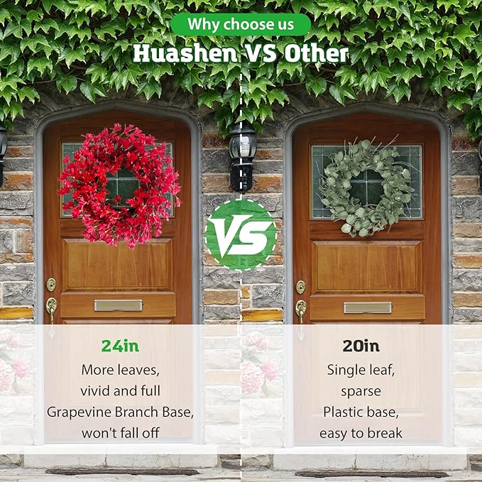 Spring Wreath for Front Door, 24 Inch Spring Red Forsythia Wreath Blossom Cluster Flower Farmhouse Wreath on Grapevine for Festival Celebration Front Door Wall Window Decoration Home Decor