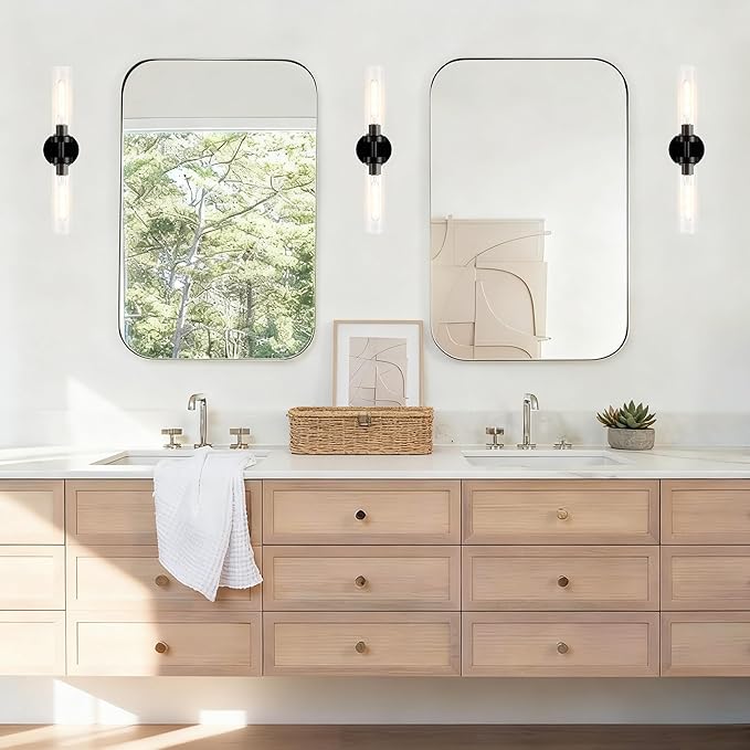 AT-VALY Wall Sconces Set of Two,Vanity Light Fixtures with Clear Glass,Modern Sconces Wall Decor for Bathroom, Living Room Mirror (Matte Black)