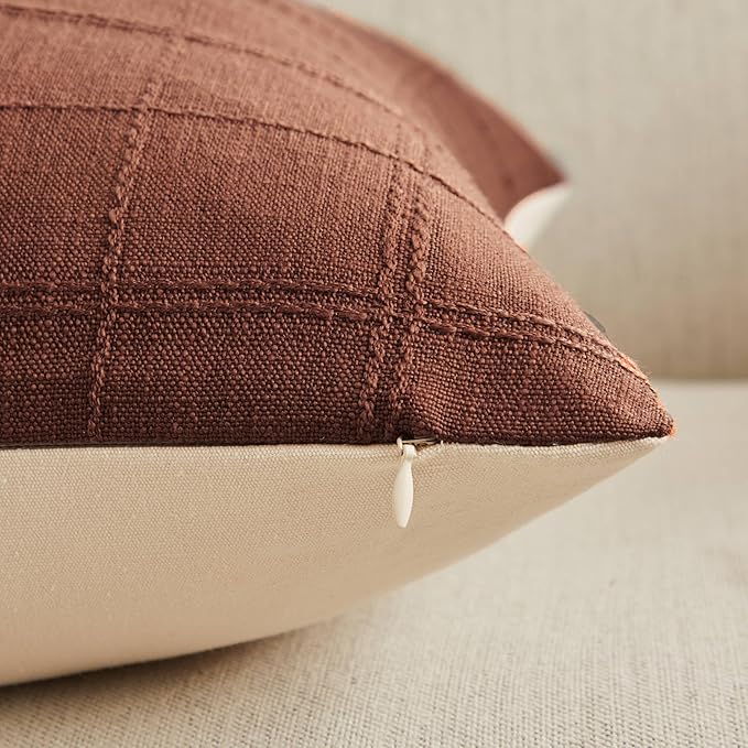 ZeeMart Linen Checked Throw Pillow Covers Set of 2, 16x16 Inch Terracota/Cream, Farmhouse Decorative Single Sided Grid Embroidered Couch Pillow Cases Rust Cotton Linen Cushion Covers