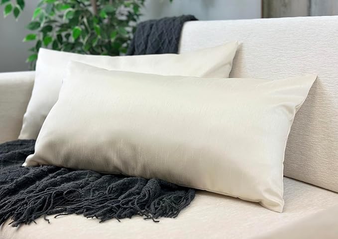 Aiking Home 12x24 Inches Faux Silk Rectangular Throw Pillow Cover, Zipper Closure, Ivory (Set of 2)