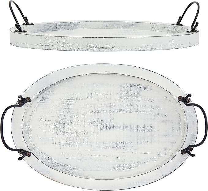 Farmlyn Creek Wooden Tray - 16 x 11 x 2 in, Rustic White Oval - Serving Platter with Handles for Coffee Table Decor & Bed Tray Use - Table Centerpiece for Farmhouse Decor