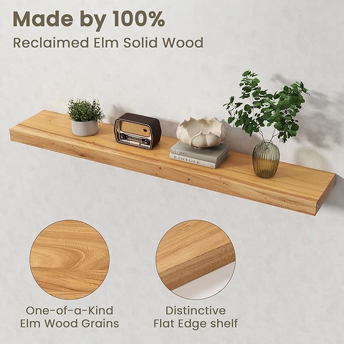 Fun Memories Solid Elm Wood Floating Shelves Set of 1-48 Inch Rustic Wall Shelves with Heavy-Duty Invisible Brackets - for Living Room, Kitchen, Bedroom, Bathroom - Natural Finish