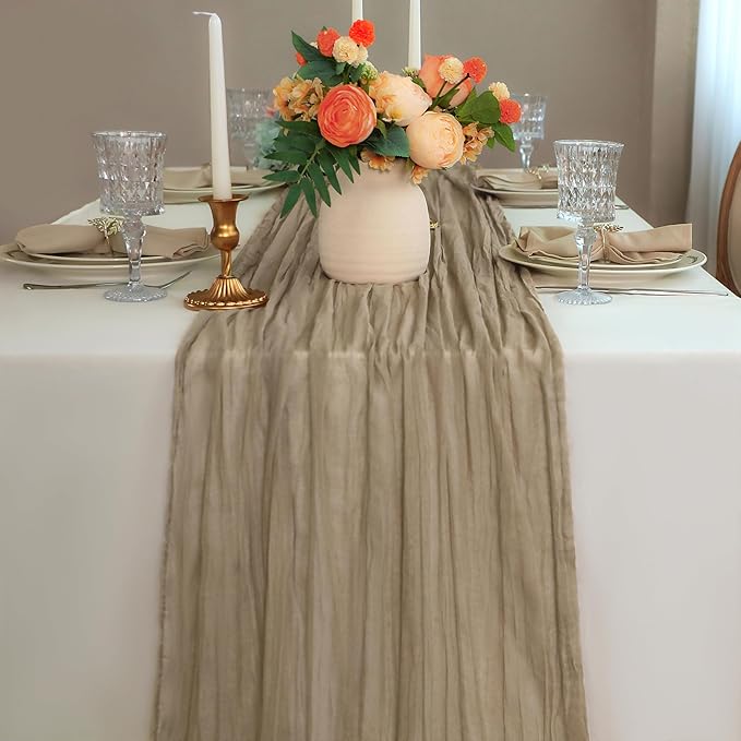Snowkingdom 10 FT Light Brown Tan Christmas Cheesecloth Table Runner, 120 inch Long Boho Rustic Gauze Sheer Runner for Wedding Baby Shower Birthday Xmas Holiday Party Decorations
