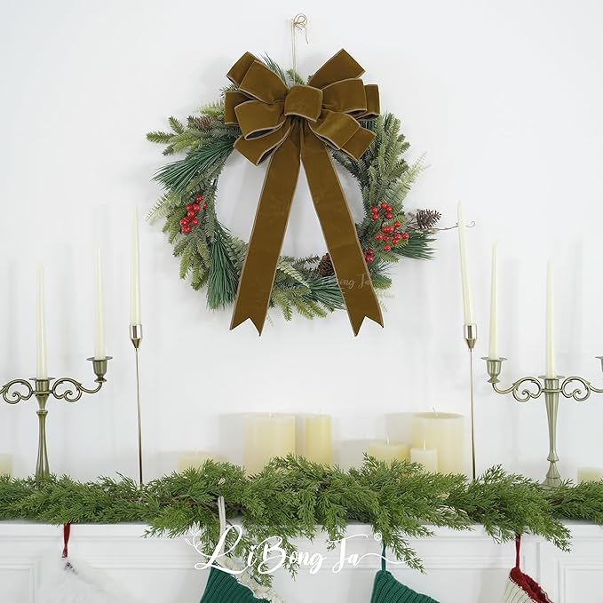 13" Khaki Pre-Tied Velvet Bow for Christmas Tree, Rustic Bow for Wreaths, Wedding, Premade Bows with Twist Tie, Tree Toppers Bows for Party Favor, Christmas Home Indoor Outdoor Decor-1 PCs