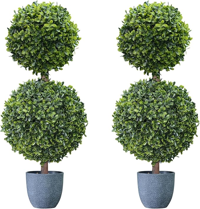 Faux Boxwood Topiary Plants Outdoor 2 Pack 23.6 Inch - Artificial Ball Trees Fake Bush 2 ft Round Shaped Indoor for Backyard, Balcony,Garden, Wedding and Home Décor (24 inches, Boxwood 2 Ball)
