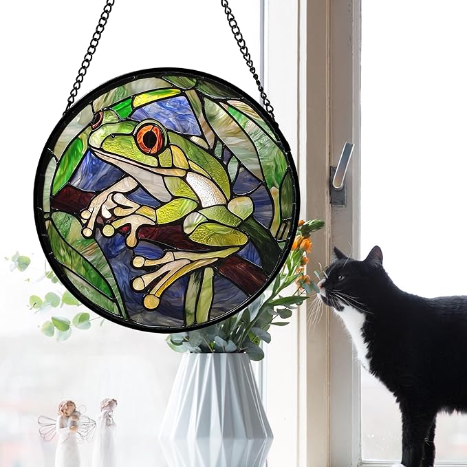 Stained Glass Window Hanging, Teal Frog Sun Catcher for Door Home Decor Green Suncatcher Christmas Mother's Day Birthday Gifts for Women Men Mom and Nana 15 in