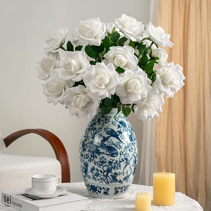 Artificial Flowers Artificial Roses Fake Roses 23.2In Long Stem Artificial Flowers for Tall Vase Silk Rose 20PCS Suitable for Indoor Decor Wedding Party Decoration DIY Bouquet Spring,White