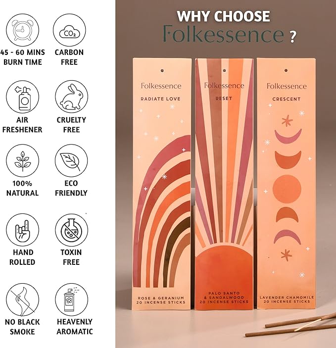Folkulture Incense Sticks | Set of 6 (120 Stick) Non Toxic Palo Santo Insence-Sticks | 45 Mins Burn Time | Sandalwood Incenses, Lemongrass, Rose Geranium | Inscents-Sticks for Women