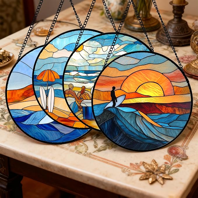 Stained Glass Window Hanging 4 Pcs Set Blue Ocean Surfing Beach Large 15" - Suncatcher Door Garden Sun Catcher Decor Birthday Mother's Day for Firefighte Men Woman Nana Mom