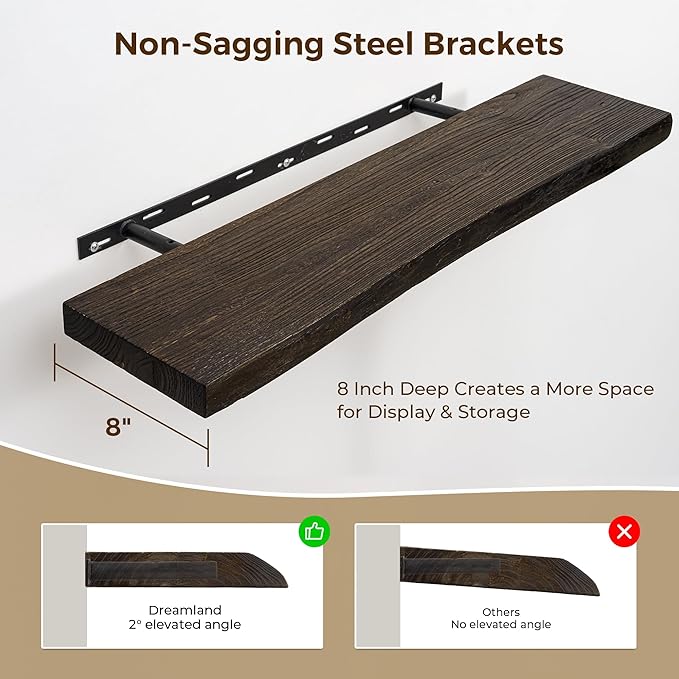 Rustic Floating Shelves for Home Decor, 32 Inch Long Wall Shelves Set of 2, Solid Elm Wood Live Edge Floating Shelf for Wall, 8 Inch Deep Bookshelf for Storage, 32 x 8 Bathroom Shelf, Walnut Color
