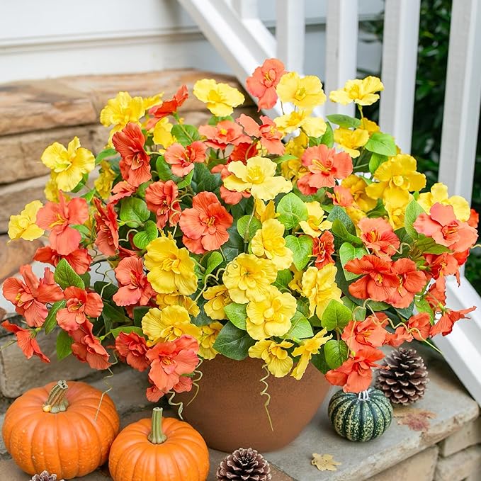Hibiscus Artificial Flowers Plants for Outdoors Decoration, 6 Bundles Silk Tropical Flowers Artificial Realistic UV Resistant Fake Flower for Outside Planter Porch Patio Balcony (Yellow Orange)