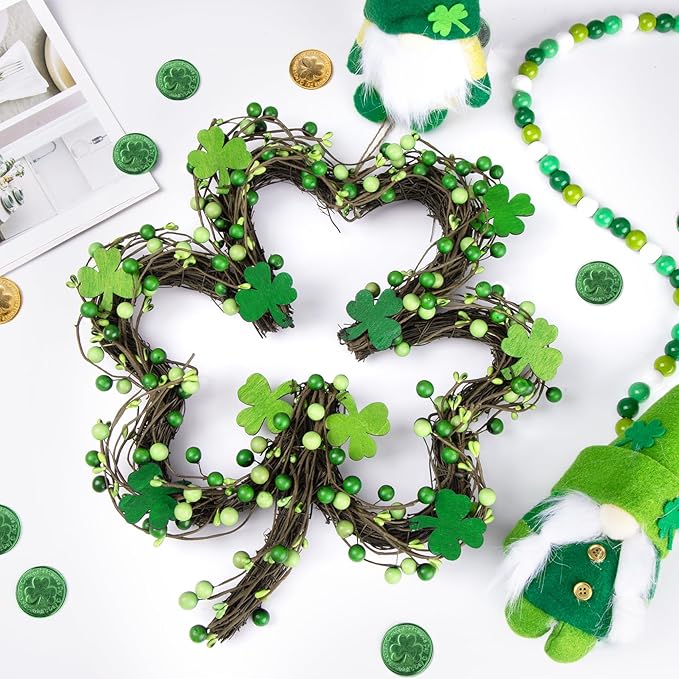 St Patricks Day Wreaths for Front Door, Artificial Shamrock Wreath Wood Lucky Clover Door Decorations with Green Berries for Spring Wall Mantel Window Home Party Decor