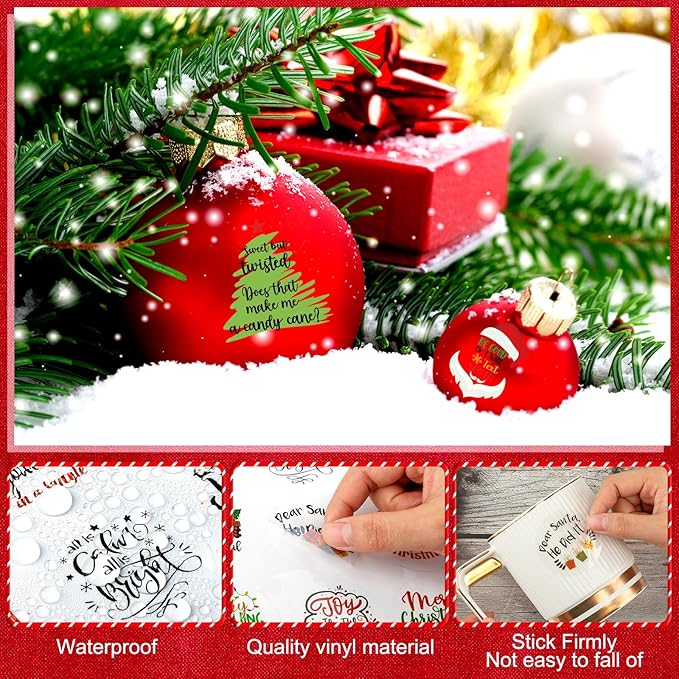Fainne 100 Pcs Christmas Word Stickers for Crafts Christmas Vinyl Inspirational Stickers Waterproof Xmas Decals for Ornament Ball Wooden Cup Glass Water Bottle Decoration, 50 Style(Santa)