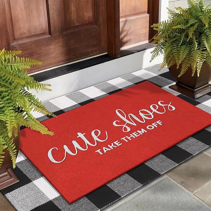 AOAOPQ Take Shoes Off Front Door Mat Indoor Outdoor Entrance Weather Doormat, Sturdy Natural Back Rubber Mats Easy Clean Patio Porch Entryway Red Mat