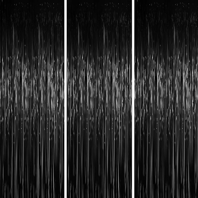 3.3 x 6.6 ft Foil Fringe Backdrop Curtains, Tinsel Streamers Party Decorations, Fringe Backdrop for Birthday, Baby Shower, Gender Reveal, Graduation (3, Black)