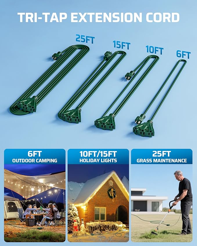 DEWENWILS 15FT Outdoor Extension Cord, Green Extension Cord 13A/1625W, Weatherproof 16/3 SJTW Power Cable with Multiple Outlet, Christmas Decor Landscaping String Lights, ETL Listed, 1 Pack