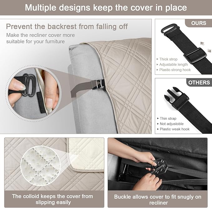 TAOCOCO 100% Waterproof Recliner Chair Cover, Oversized Recliner Covers for Large Recliner Chair with Double Straps, Non Slip Reclining Chair Cover for Kids, Pets(28'', Cream)