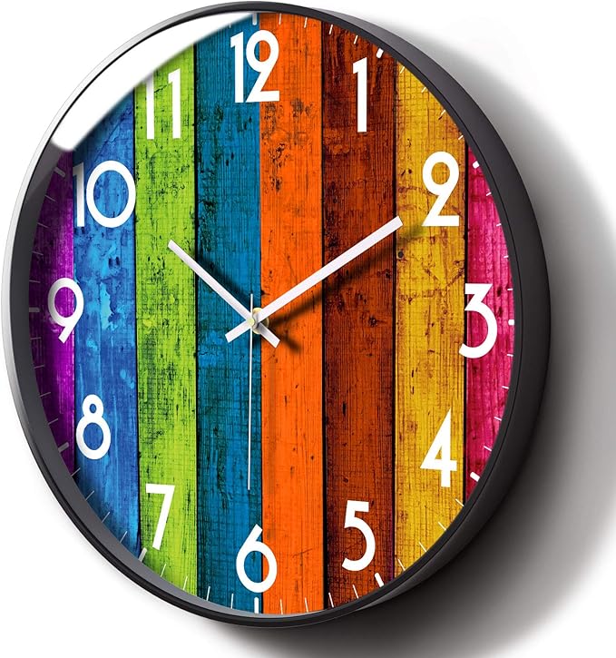 Silent Non-Ticking Wall Clock Colorful Multicolour Analog Large Display Mid Century Modern Battery Operated Quiet Unique Clock Vintage Decor for Living Room Garage Kitchen Kids Room Bathroom 12inch