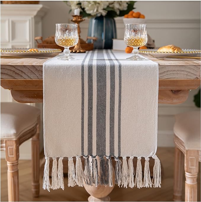 Boho Table Runner for Modern Farmhouse Decor, Dining Table décor 13 x 60 Inch Long with Handcrafted Tassels, Black and Beige Stripe Table Runner for Home Boho décor