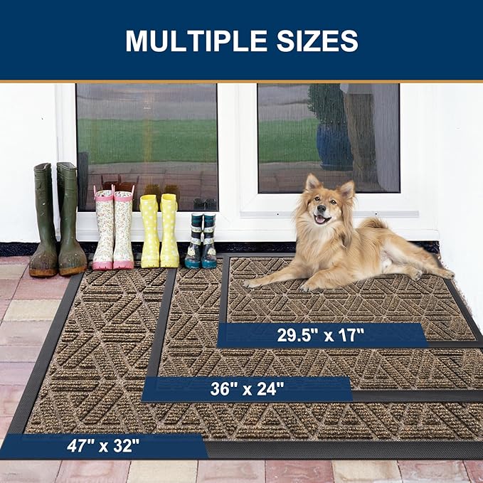 Smiry Front Door Mat Outside Entrance, Heavy Duty Sturdy Natural Rubber Doormat, Trap Dirt and Moisture, Easy Clean Low Profile Mats for Indoor Outdoor Entry, Grid Geometric (59x34, Brown)