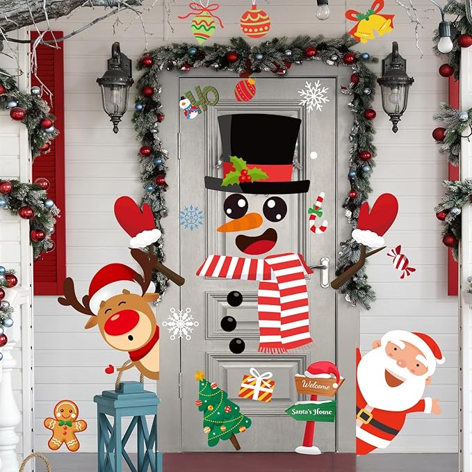 YQUQWN Large 80PCS Christmas Door Decorations Removable Wall Decals with Snowman Santa Reindeer Merry Christmas Wall Stickers for Front Door Decor Decorations Holiday Party Supplies