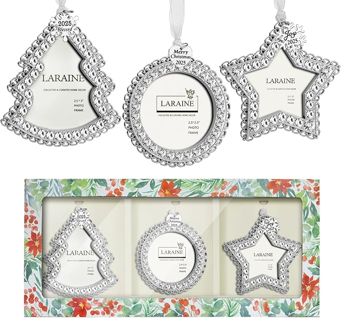 Laraine Christmas Tree Ornaments 3 Pieces – Decorative Hanging 2025 Rhinestones Pendant with Small Picture Frame Insert for Pet Holiday Keepsake Gift (Silver (2025))