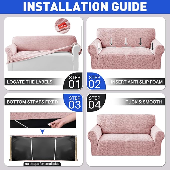 YEMYHOM 1 Piece Stretch Couch Covers for 3 Cushion Couch, Jacquard Sofa Cover with Non-Slip Elastic Bottom, Thickened Slipcover Furniture Protector for Dogs Pets (Large, Pink）
