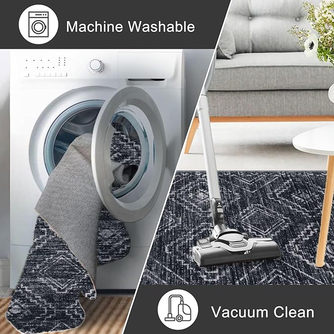 KILOCOCO Boho Kitchen Runner Rug 2x6 Washable Runner Rug, Soft Runners for Hallways Non Slip Printed Distressed Laundry Room Rug, Low-Pile Rug for Entryway/Bedroom/Living Room, Charcoal