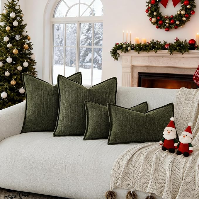 a moment Christmas Linen Pillow Covers Set of 2,Boho Farmhouse Throw Pillowcases Neutral Textured Decorative Covers for Couch Sofa,Soft Linen Blend Accent Case Cushion Home Decor 20"x20"Dark Green